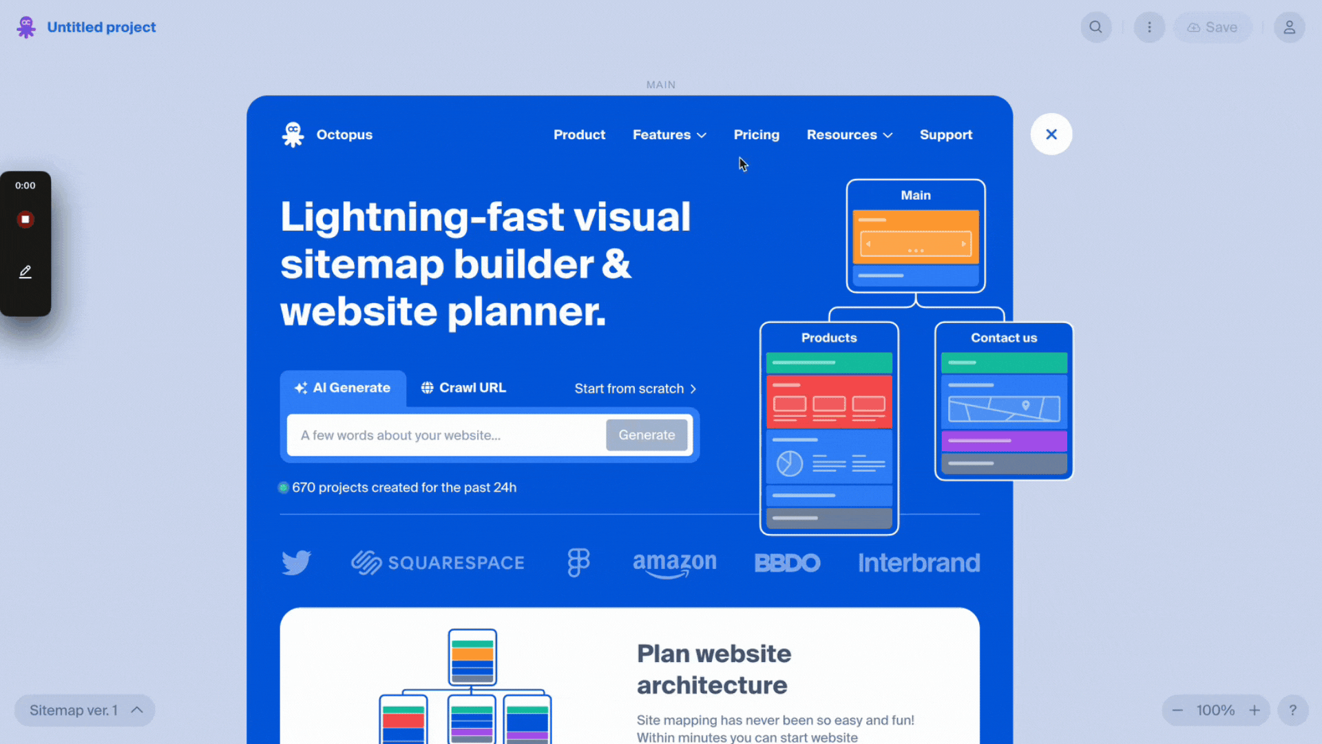ui design examples: octopus homepage that transforms into a usable web app