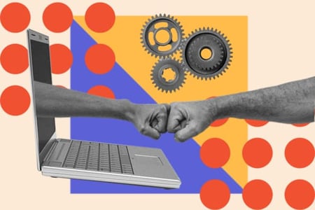 A hand comes out of a computer and fist bumps another hand; representing AI video generators