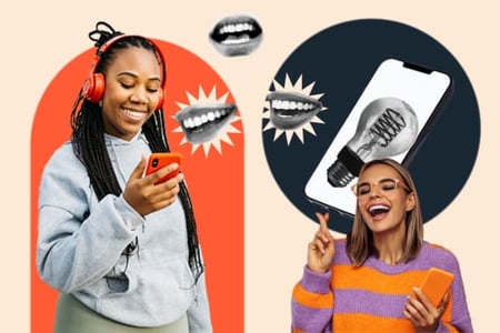 Two women watch viral videos on their phones; viral video marketing 