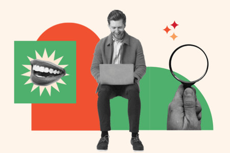 graphic of a man on a computer in black and white surrounded by green and orange shapes, a huge smile, and a black and white magnifying glass