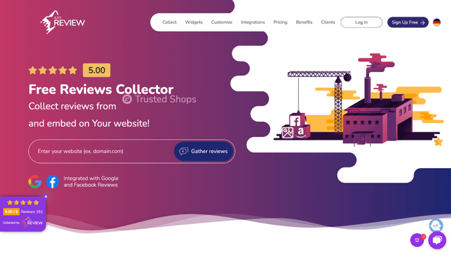 Customer feedback tools, JustReview’s homepage